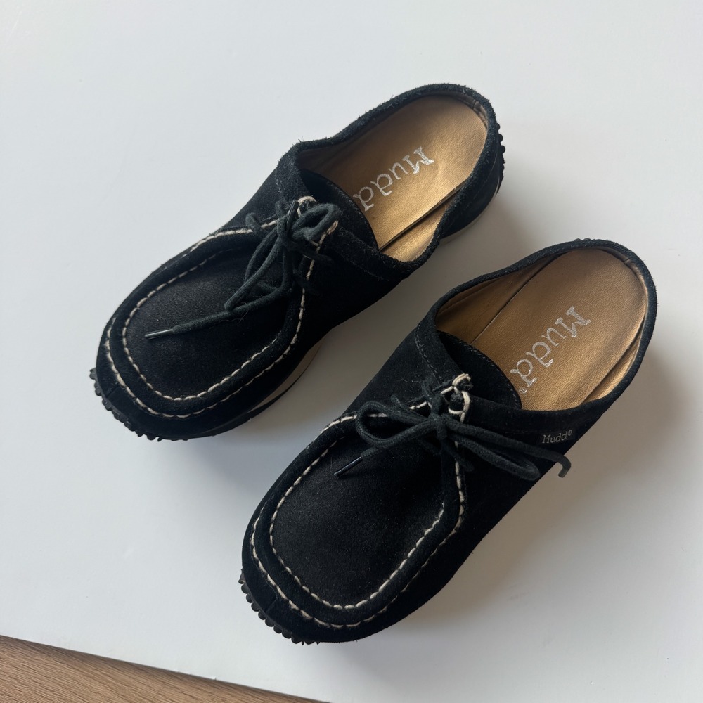 Mudd Vintage Black Suede Mules Moc Toe Lace Up Platform Shoes Womens 7.5 Y2K - Picture 9 of 11